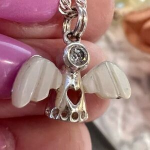 Vintage Angel Pendant Solid 925 Sterling Silver Mother of Pearl Diamond Pendant